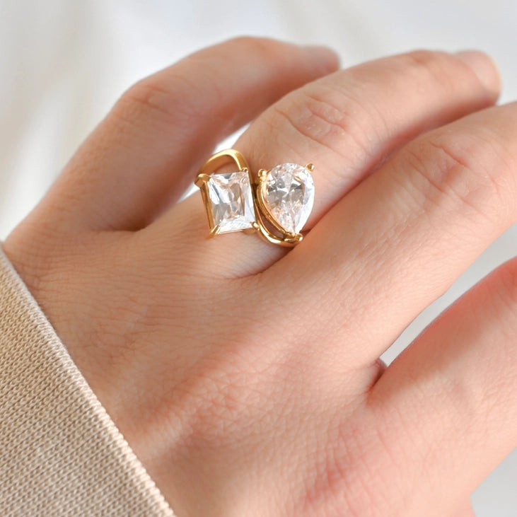 Toi Et Moi Ring - Tarnish-Free Pear and Radiant Diamond Ring