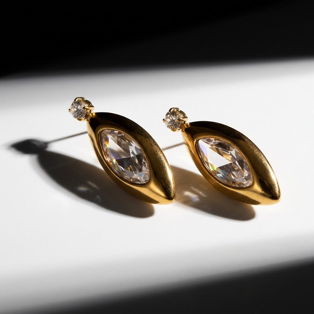 18K Gold Plated Oval Marquise Zircon Drop Stud Earrings