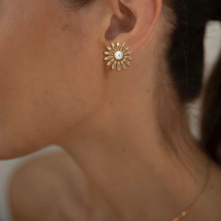 The Dahlia Vintage 18K Gold Plated Floral Pearl Studs