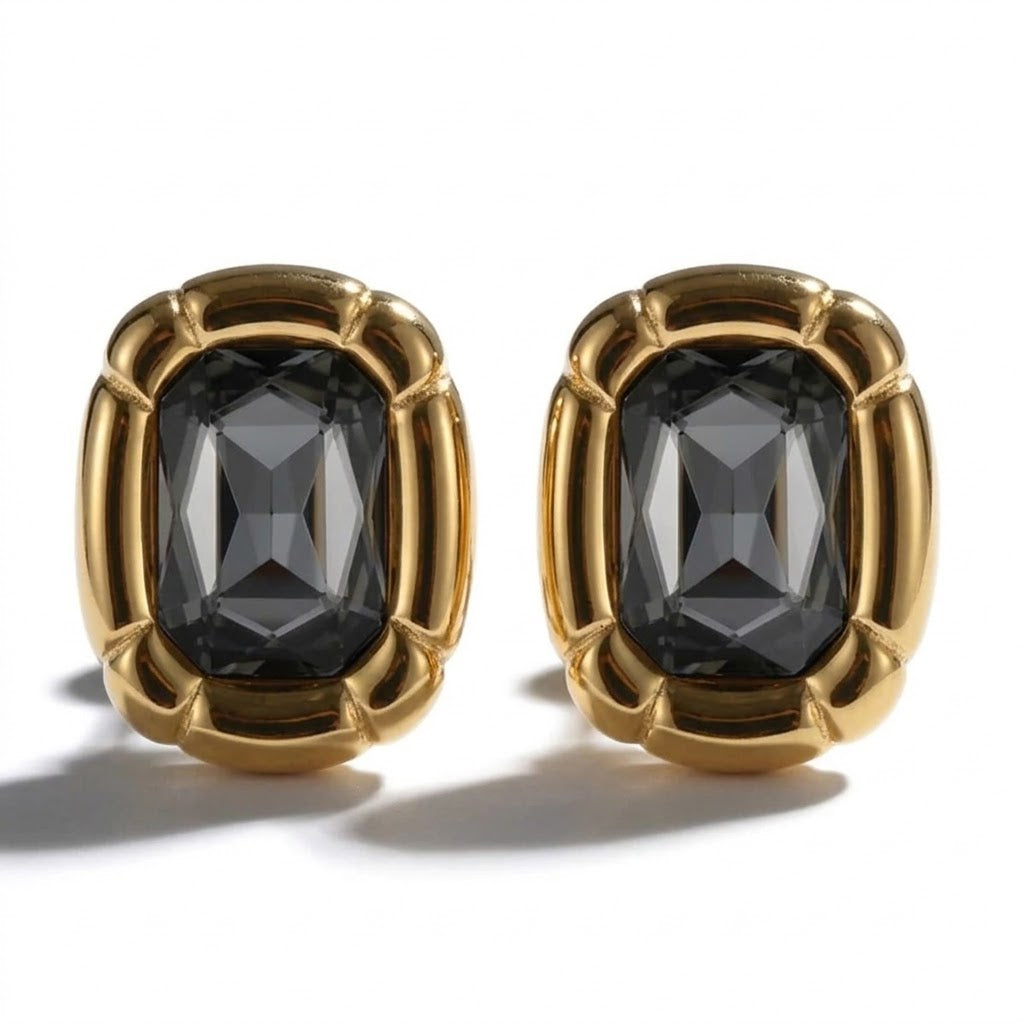 Stainless Steel Smoky Emerald-Cut Glass Earrings