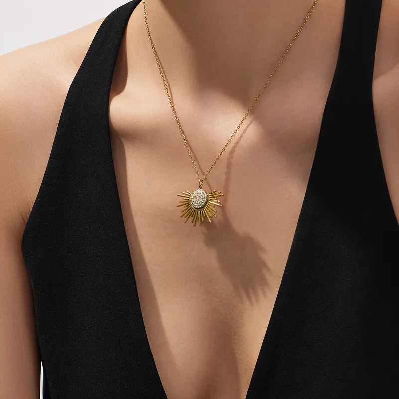 Zircon Micro-Pavé Stainless Steel Celestial Sun Medallion