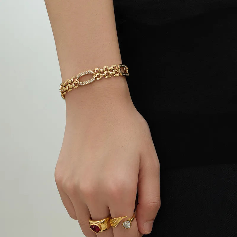 The Madison PVD Gold Plated Pave Oval Watch-Chain Bracelet