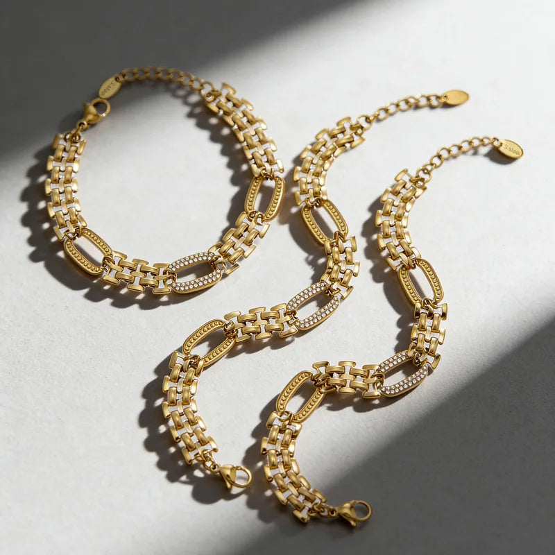The Madison PVD Gold Plated Pave Oval Watch-Chain Bracelet