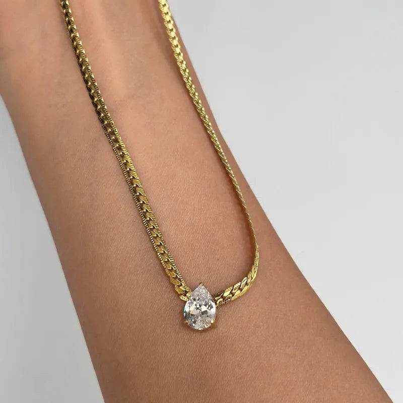 The Odette Liquid Gold Flat Chain Pear Crystal Necklace
