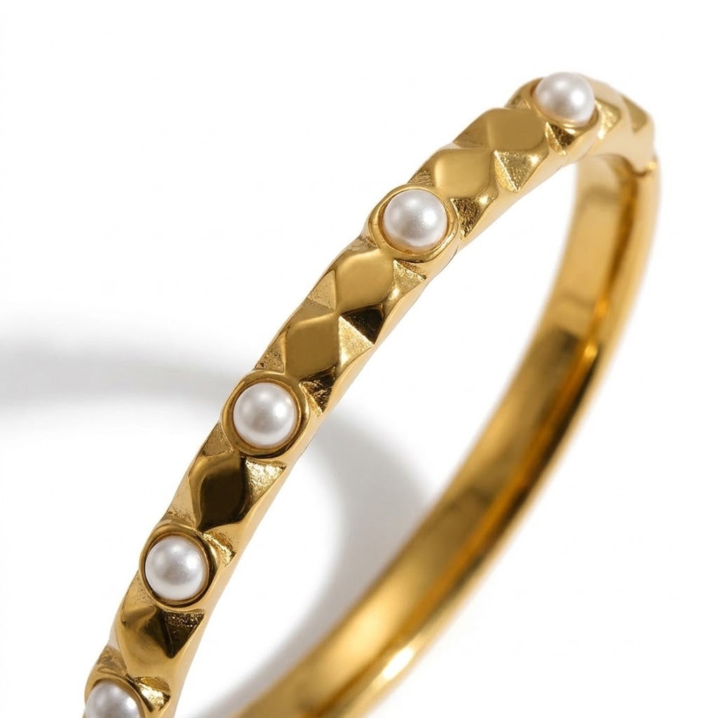 The Odette Studded Pearl Bangle | 18K Gold PVD