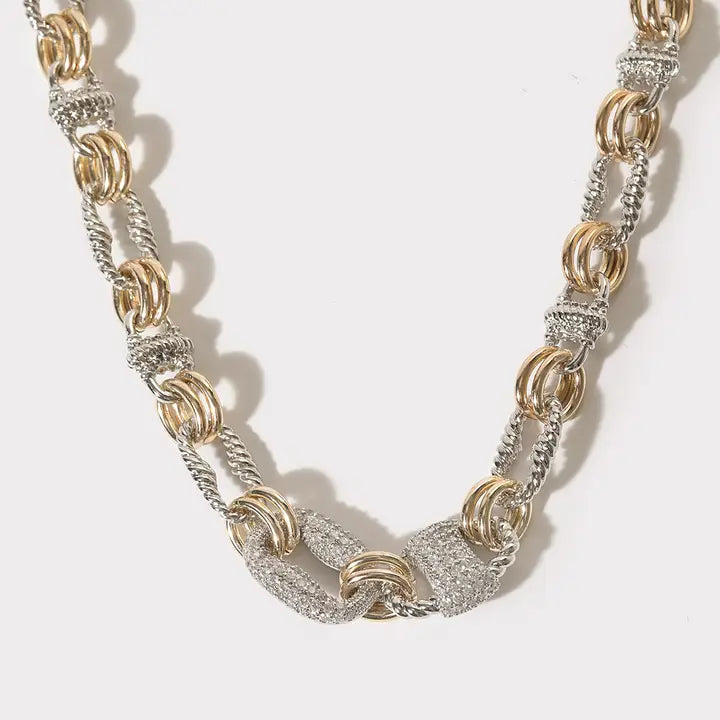 Mixed Metal Cz Pave Link Necklace