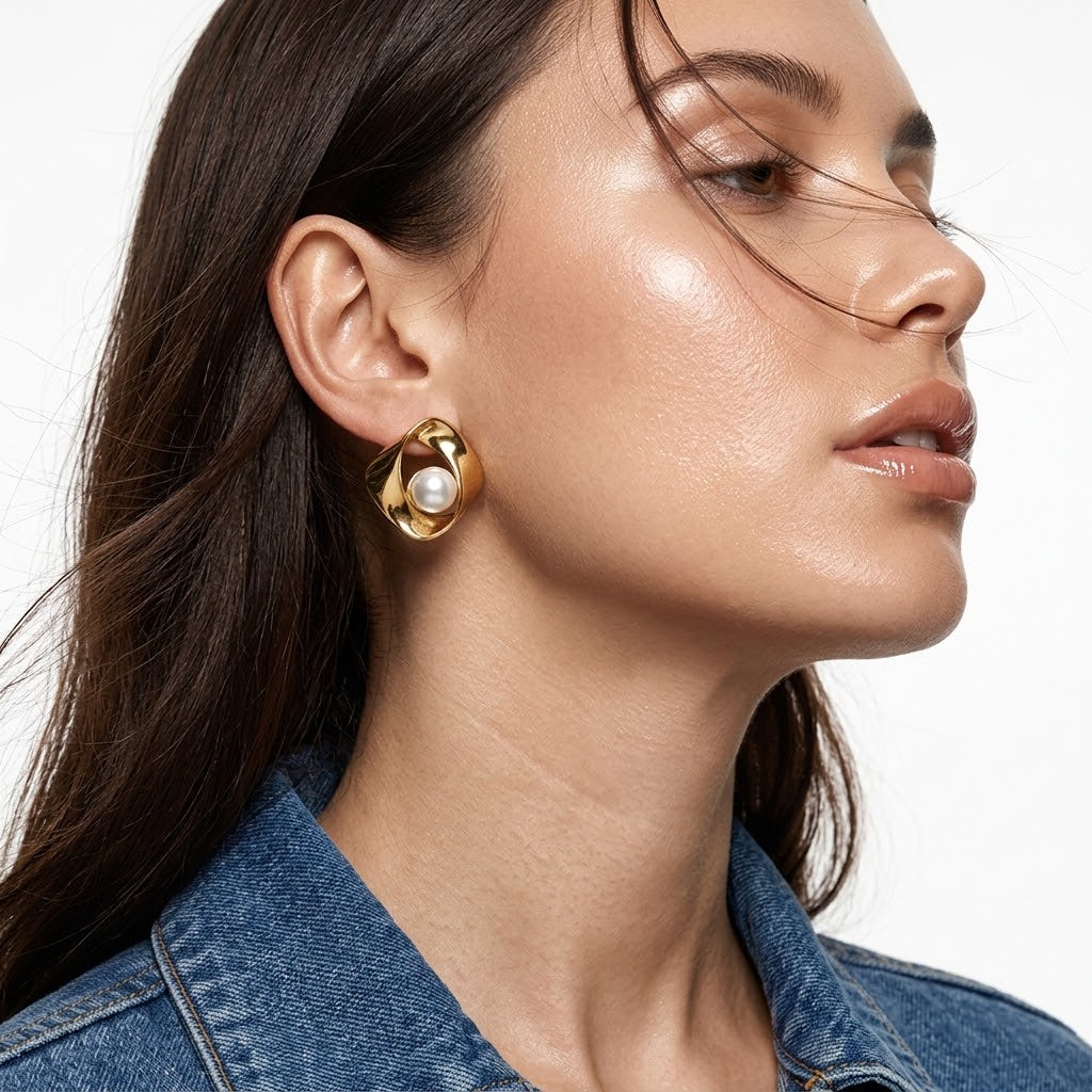 Tarnish-Free Stainless Steel Abstract Wave Two-Tone Earrings