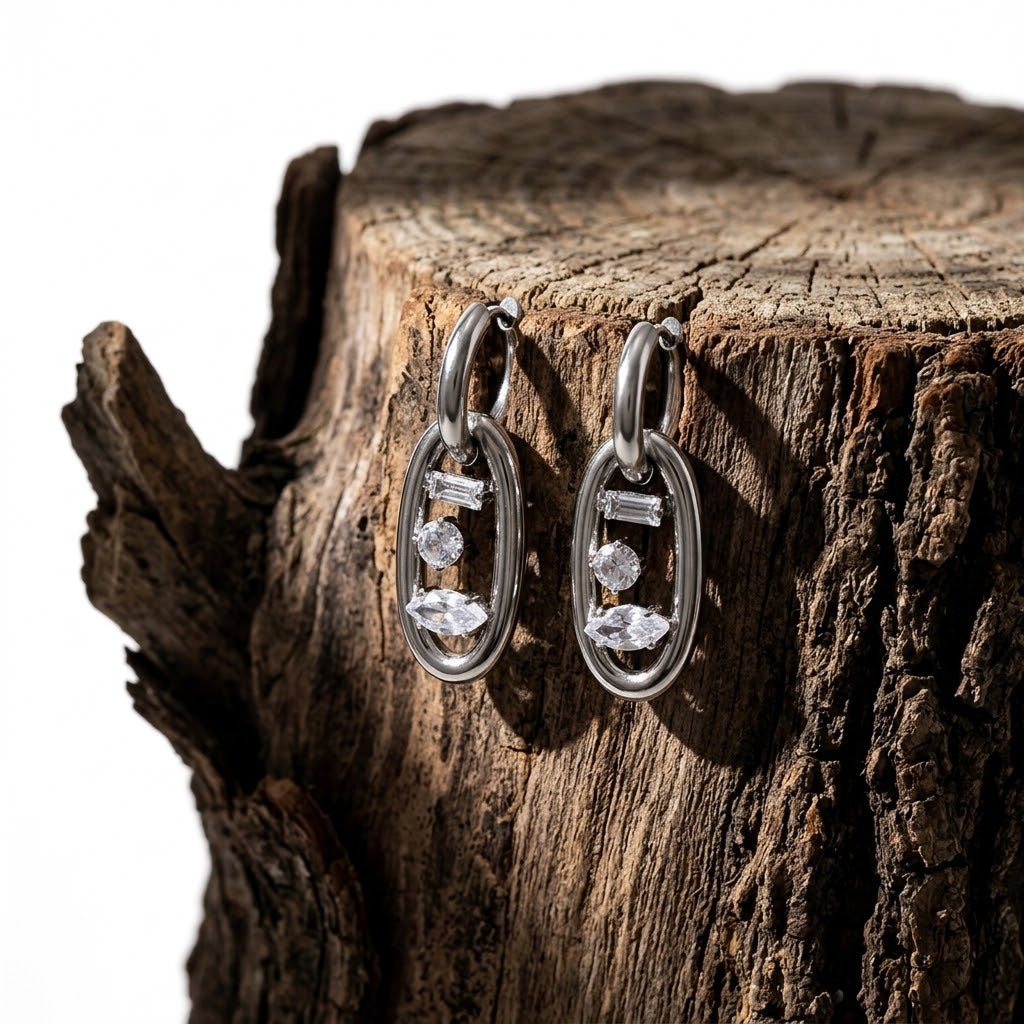18K Gold Plated Claw-Set Zircon Oval Link Hoop Earrings Stainless Steel