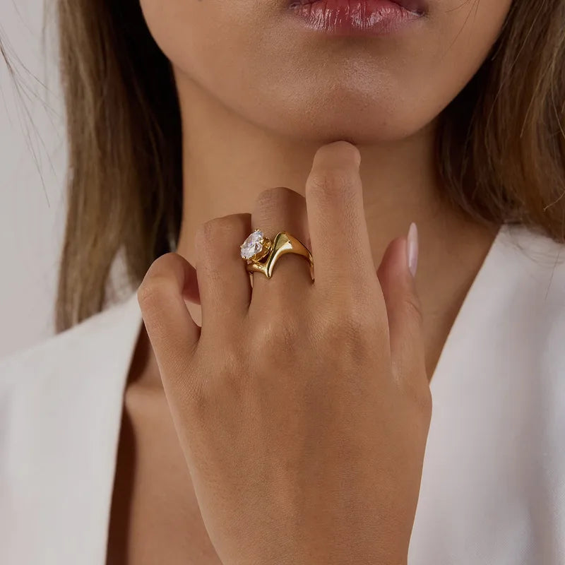 Tarnish-Free Stainless Steel Bold V-Shaped Oversized Crystal Ring