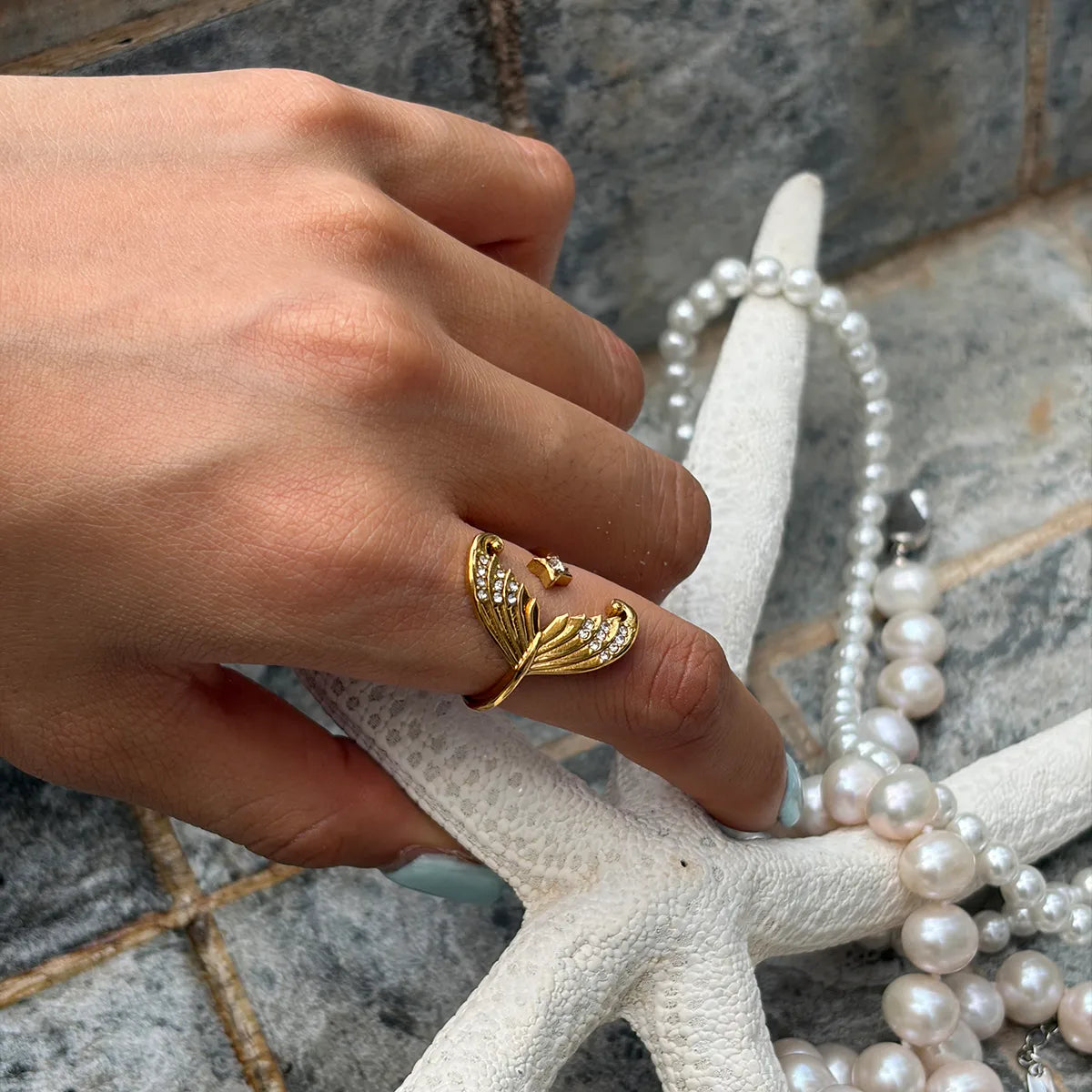Tarnish-Free Stainless Steel Pearl & Zircon Siren Open Ring