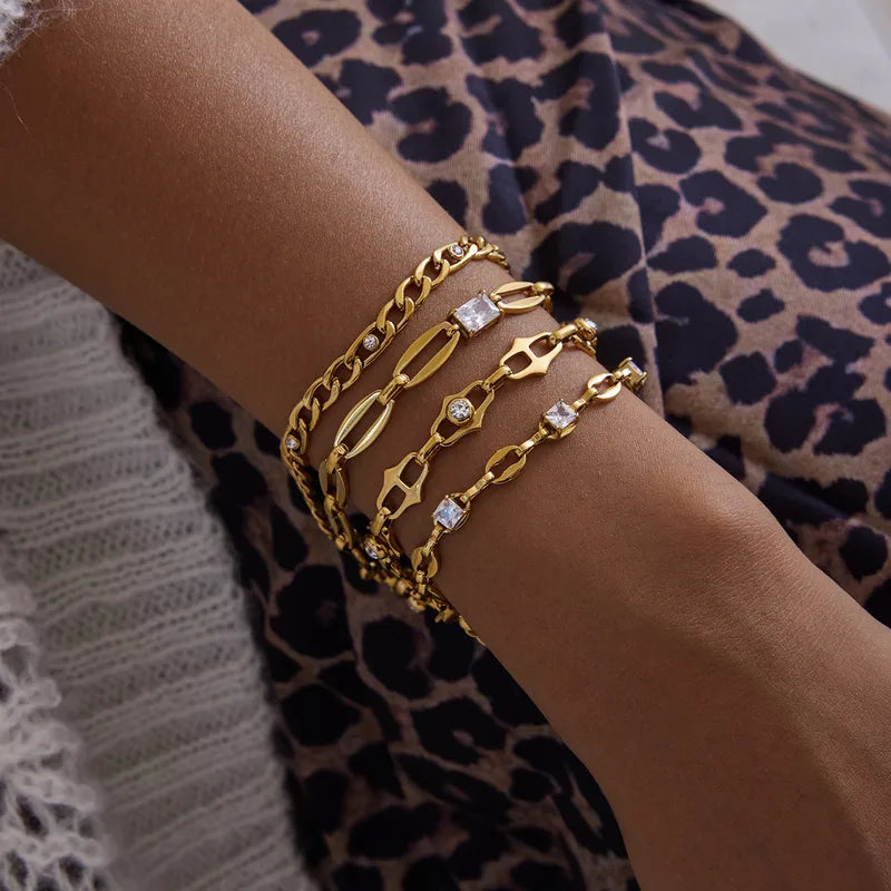Abstract Coffee Bean Chain Non-Tarnish Bezel Crystal Bangle