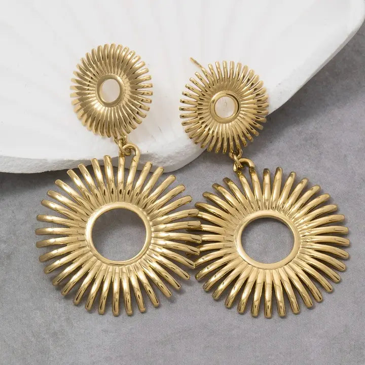 Stainless Steel Sunburst Double Drop Statement Earrings