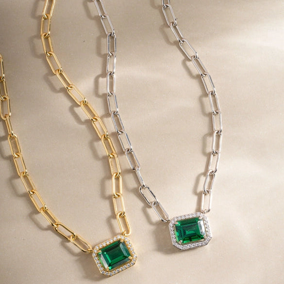 Paperclip Emerald Pendant Necklace