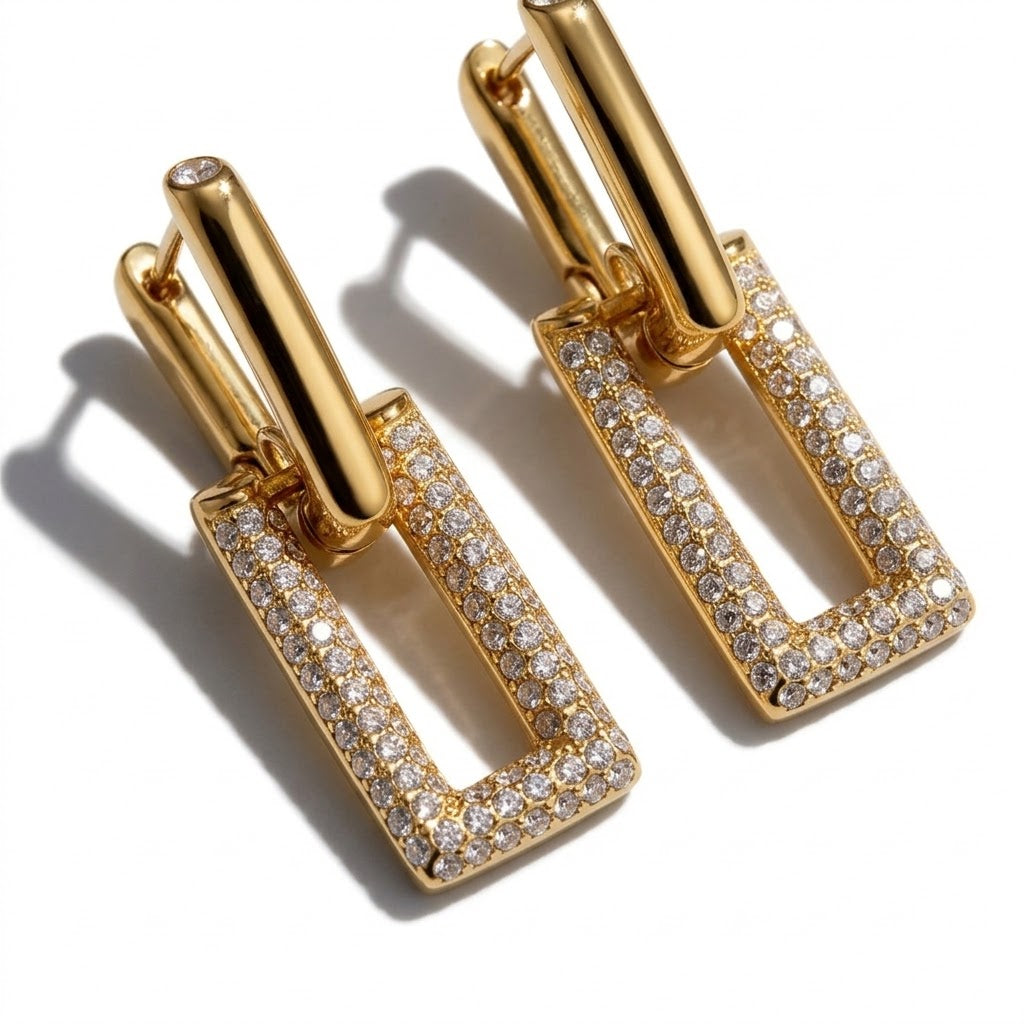 Geometrical Pave Link Drop Earrings – 18K Gold Plated Stainless Steel