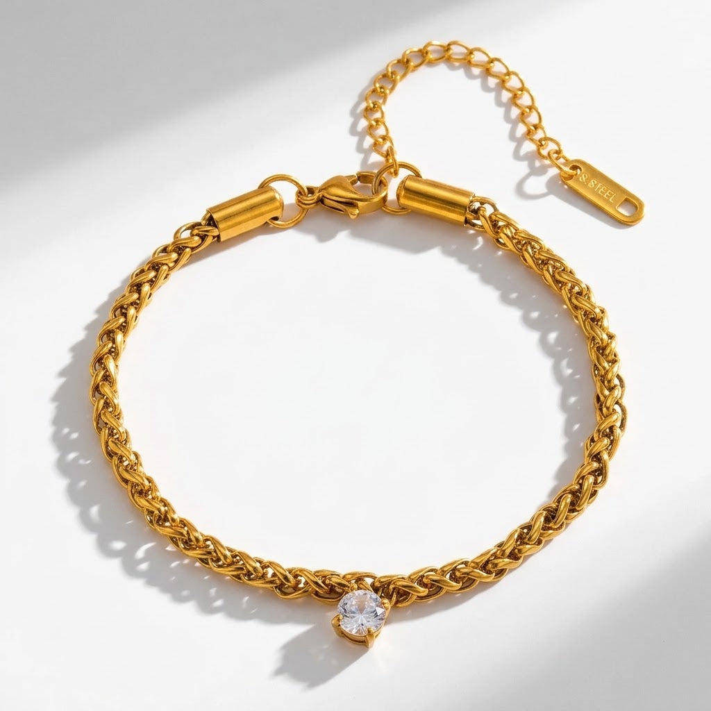 Aria Round Zircon Drop Woven Bracelet | 18K Gold PVD