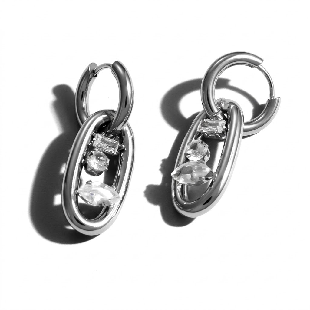 18K Gold Plated Claw-Set Zircon Oval Link Hoop Earrings Stainless Steel