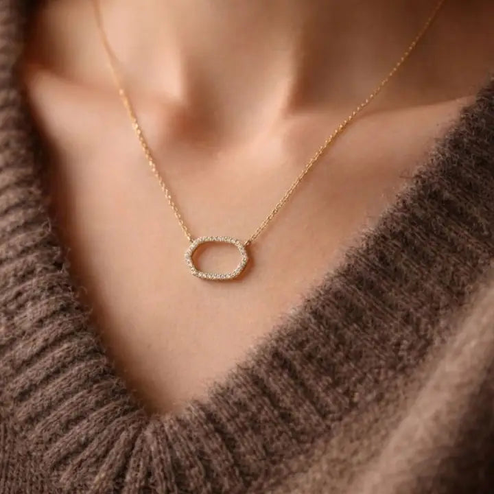 18K Gold Filled Cz Oval Pendant Necklace – Dainty Pave Oval Necklace