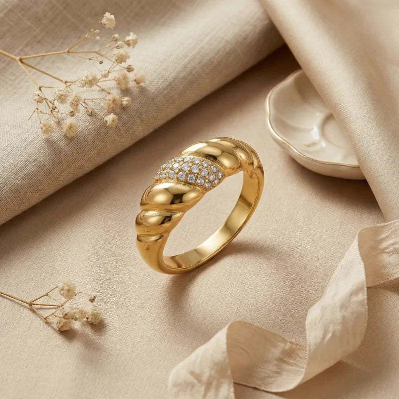 Tarnish-Free Stainless Steel Floating Dual-Crystal Open Bypass Ring
