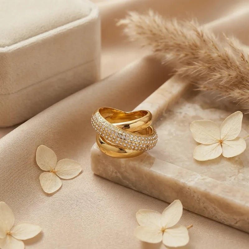 Tarnish-Free Stainless Steel Floating Dual-Crystal Open Bypass Ring