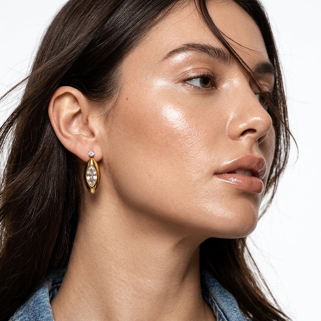 18K Gold Plated Oval Marquise Zircon Drop Stud Earrings