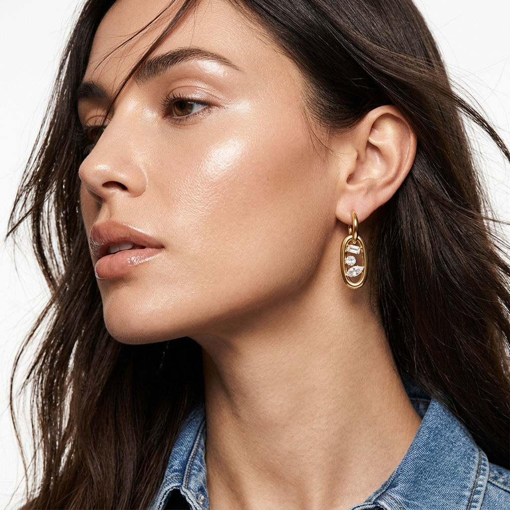18K Gold Plated Claw-Set Zircon Oval Link Hoop Earrings – Waterproof Stainless Steel