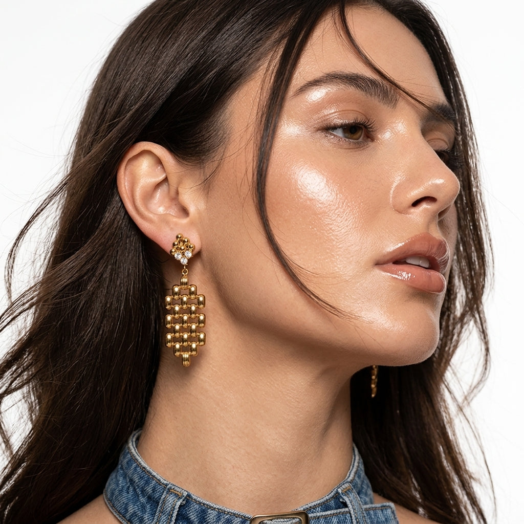Modern Textured Mesh Statement Drop Earrings with Sparkling Zircon