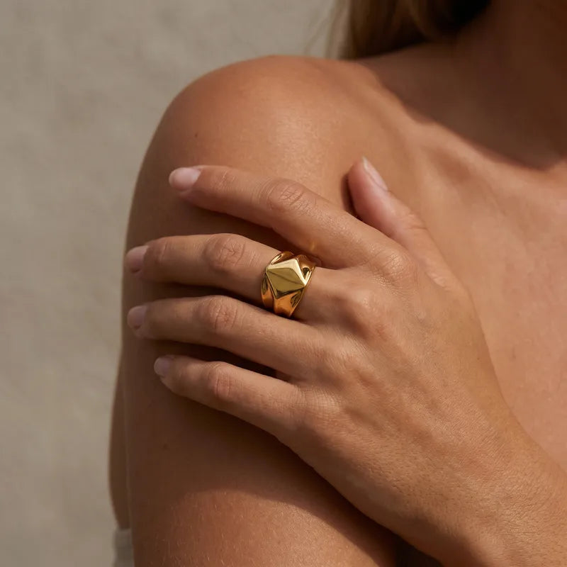 Tarnish-Free Stainless Steel Sculpted Pyramid Signet Ring