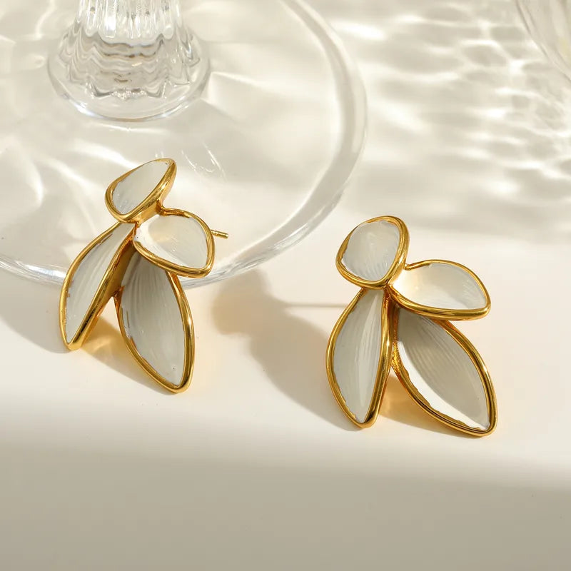 Tarnish-Free Stainless Steel Sculptural White Enamel Flower Earrings