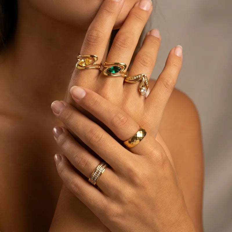 The Esme Waterproof 18K Gold Emerald Pear Bypass Ring