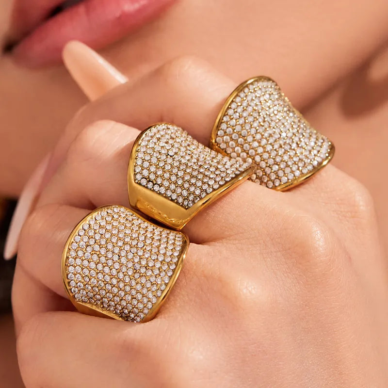 The Aurelia Waterproof 18K Gold Full Pavé Iced Shield Ring