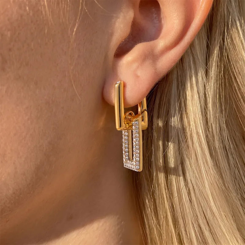 Geometrical Pave Link Drop Earrings – 18K Gold Plated Waterproof Stainless Steel