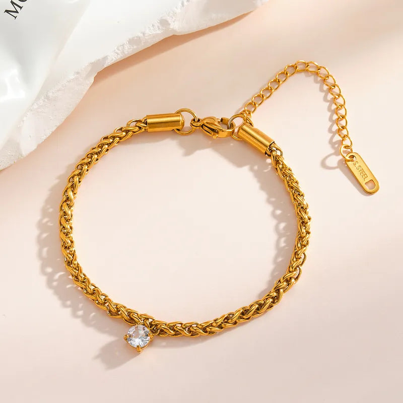 Aria Round Zircon Drop Woven Bracelet | 18K Gold PVD