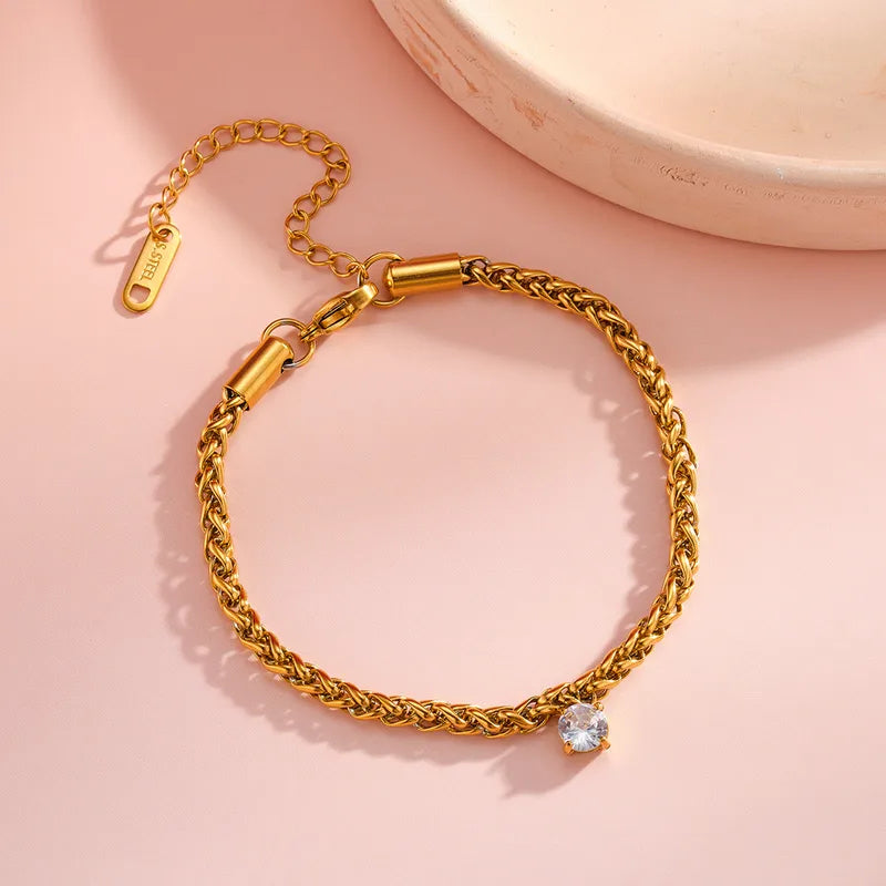 Aria Round Zircon Drop Woven Bracelet | 18K Gold PVD