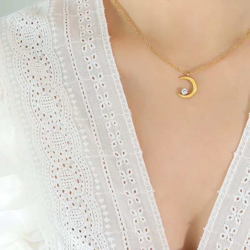 Zircon Inlay Stainless Steel Celestial Moon Choker