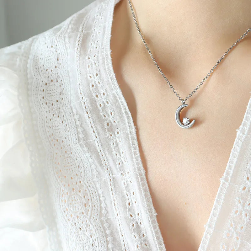 Zircon Inlay Stainless Steel Celestial Moon Choker