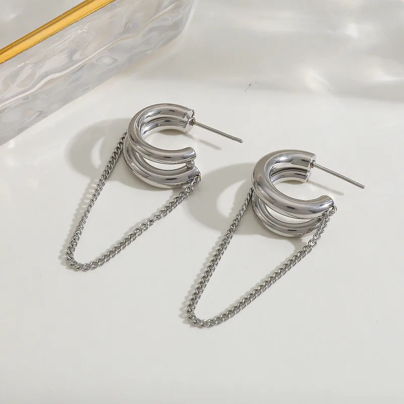 Tarnish-Free Stainless Steel Layered Loop Draping Chain Earrings