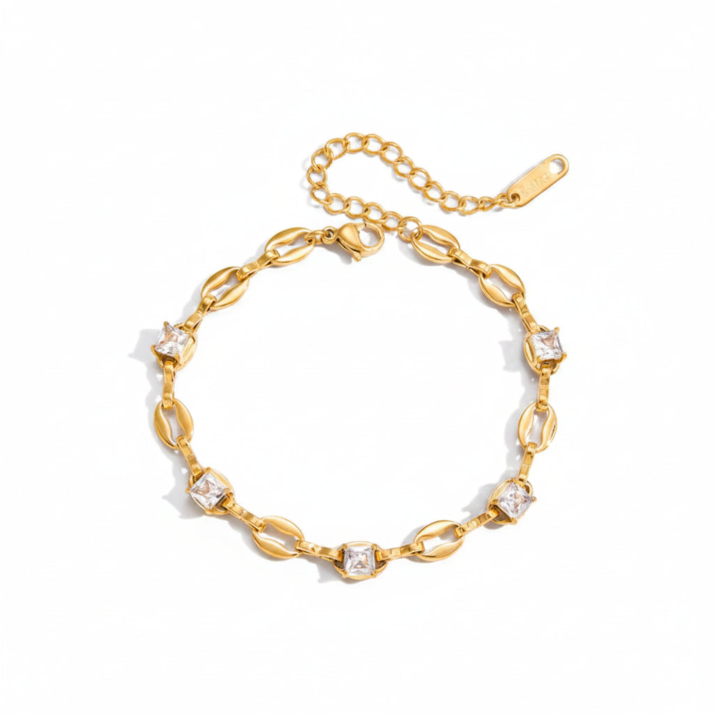 Abstract Coffee Bean Chain Non-Tarnish Bezel Crystal Bangle