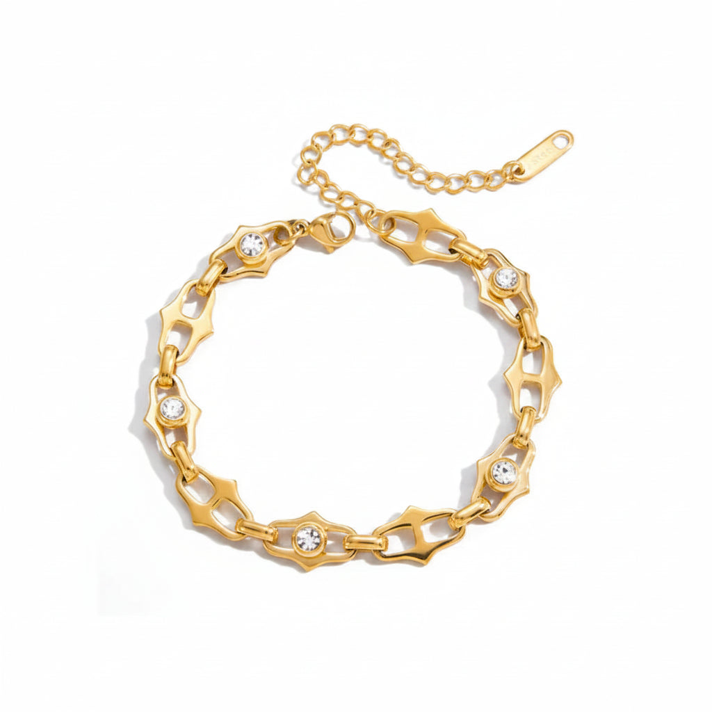 Abstract Coffee Bean Chain Non-Tarnish Bezel Crystal Bangle