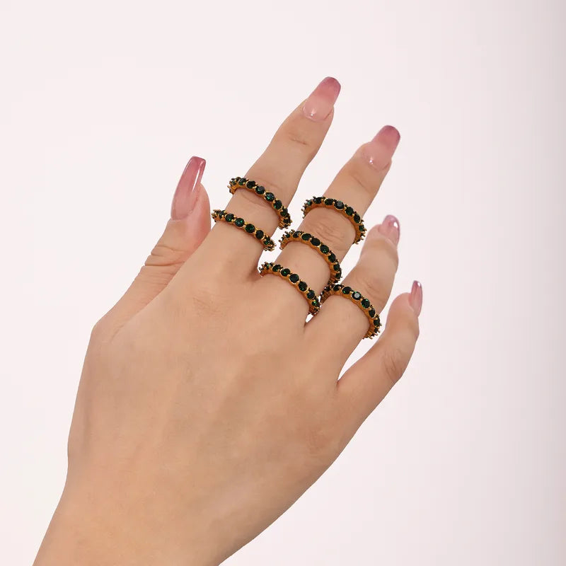 Tarnish-Free Stainless Steel Fine Geometric Green Crystal Ring