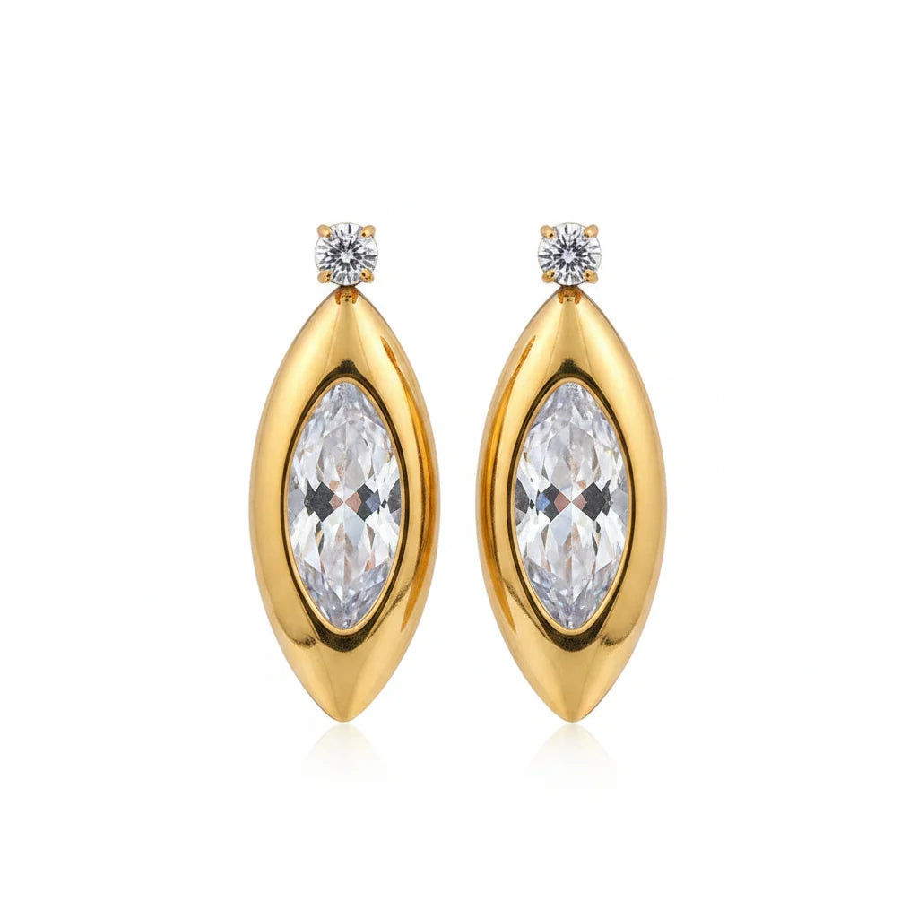 18K Gold Plated Oval Marquise Zircon Drop Stud Earrings