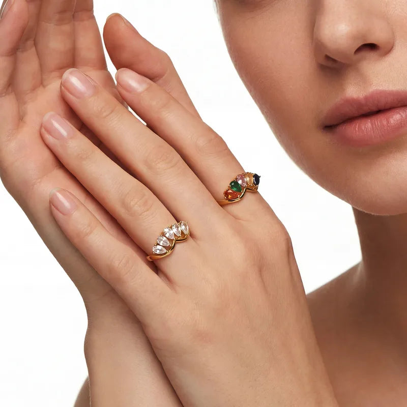 The Tiara Waterproof 18K Gold Curved Teardrop Zircon Ring