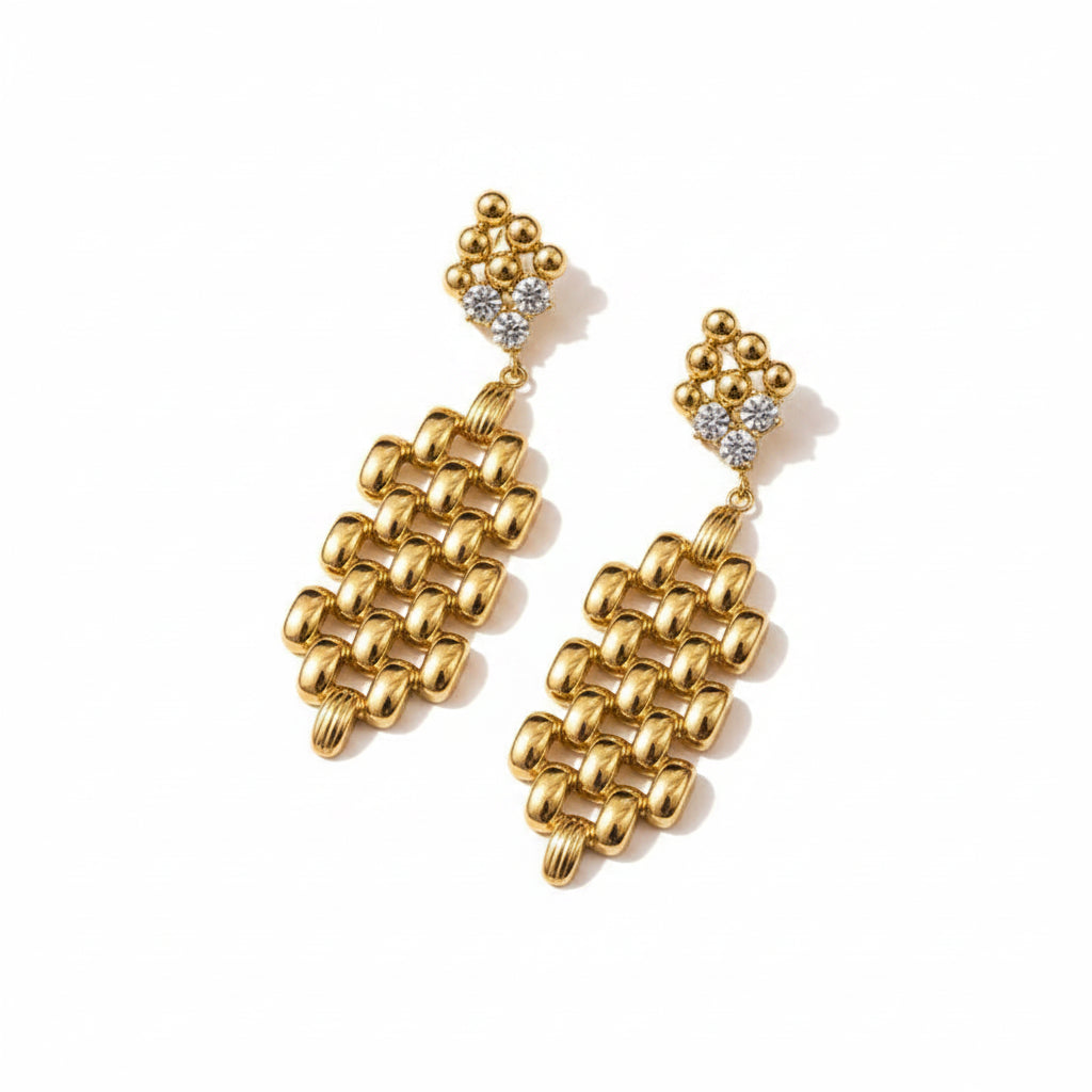 Modern Textured Mesh Statement Drop Earrings with Sparkling Zircon