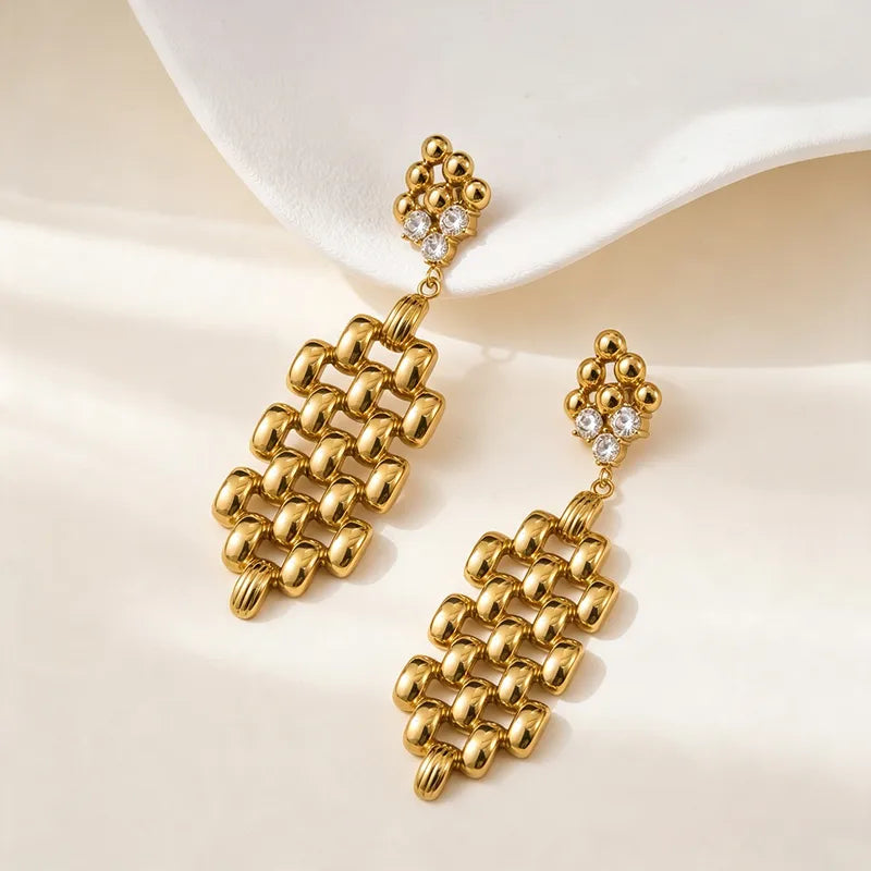 Modern Textured Mesh Statement Drop Earrings with Sparkling Zircon