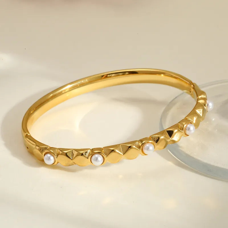 The Odette Studded Pearl Bangle | 18K Gold PVD