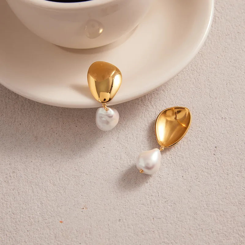 Tarnish-Free Stainless Steel Sculptural Molten Gold Pearl Studs