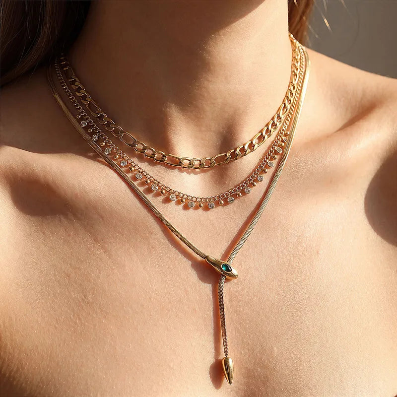 Multi-Row Tarnish-Free Serpent Pendant & Zircon Drop Choker