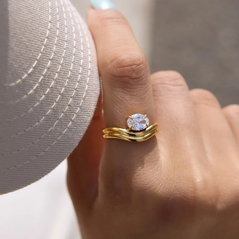 Tarnish-Free Stainless Steel Layered Wave Zircon Ring