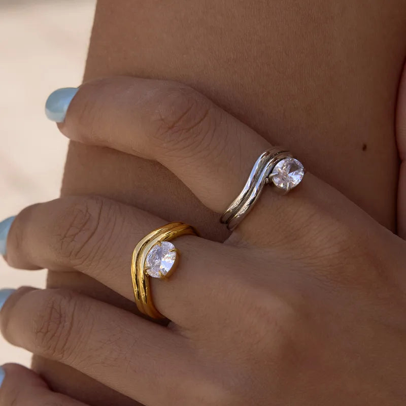 Tarnish-Free Stainless Steel Layered Wave Zircon Ring