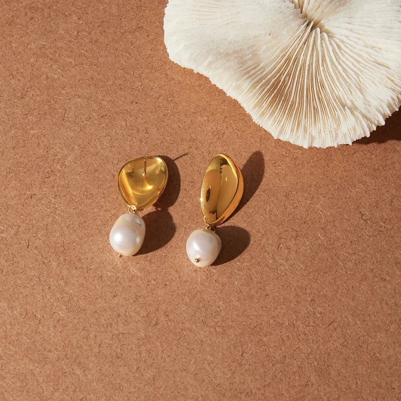 Tarnish-Free Stainless Steel Sculptural Molten Gold Pearl Studs