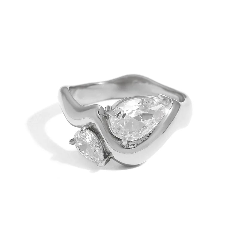 Tarnish-Free Stainless Steel Open Cuff Teardrop Zircon Ring
